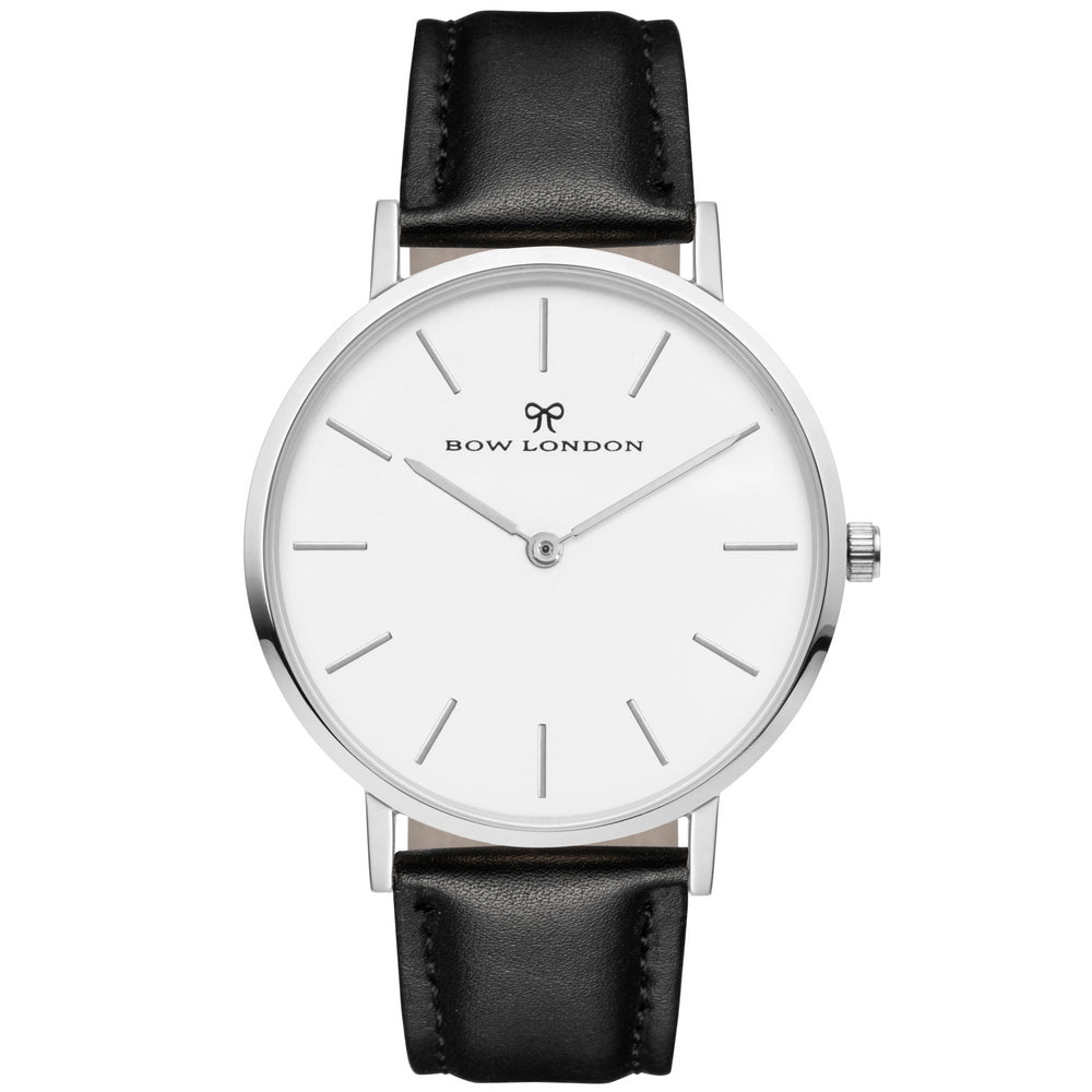 Silver and White Face Watch | Black Leather Watch Strap | Bow London | Mayfair X Silver